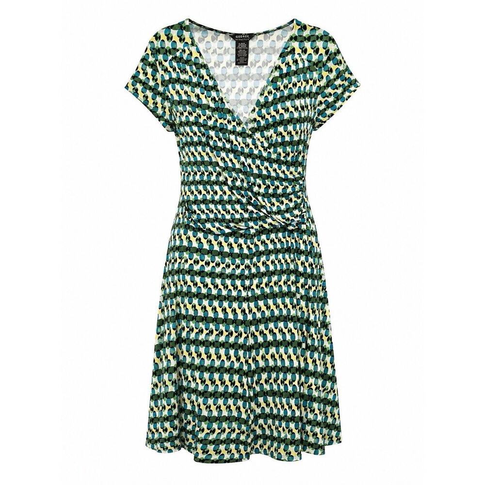 George Stretch XL 16/18 Faux Wrap Dress Blue Green Geometric Plus Size Career